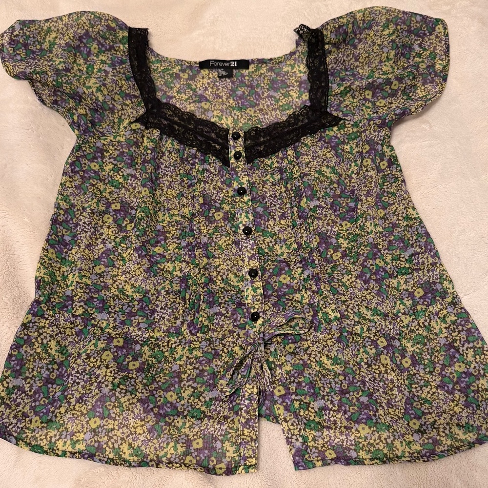 Forever 21 Floral Sheer Lace Trim Peplum Blouse Green Purple